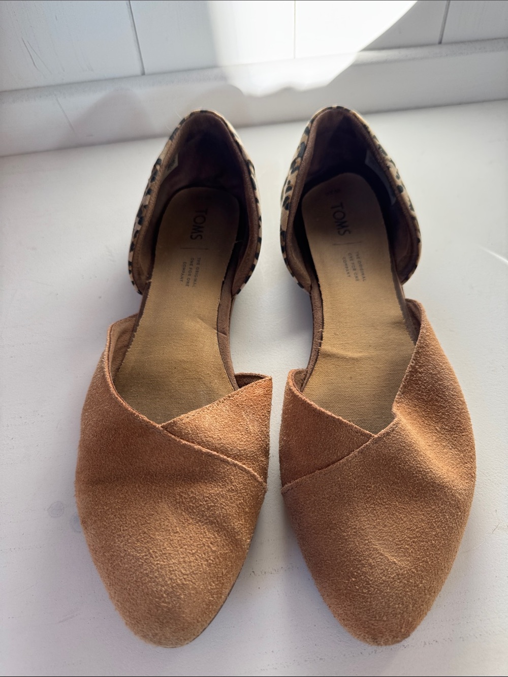 TOMS Women's Tan Suede D'Orsay Flats with Leopard Trim